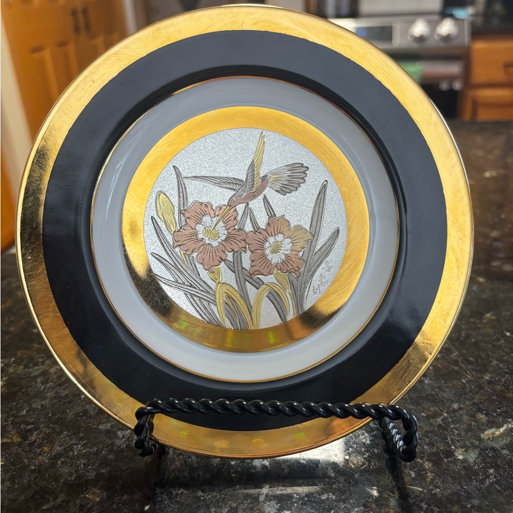 24k Gold Keito Japan Vintage Plate with Hummingbird & Flowers